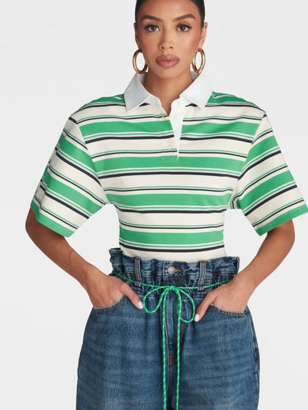 KBB by Kahlana Striped Green and White Polo Top - Women's Casual Knit Large